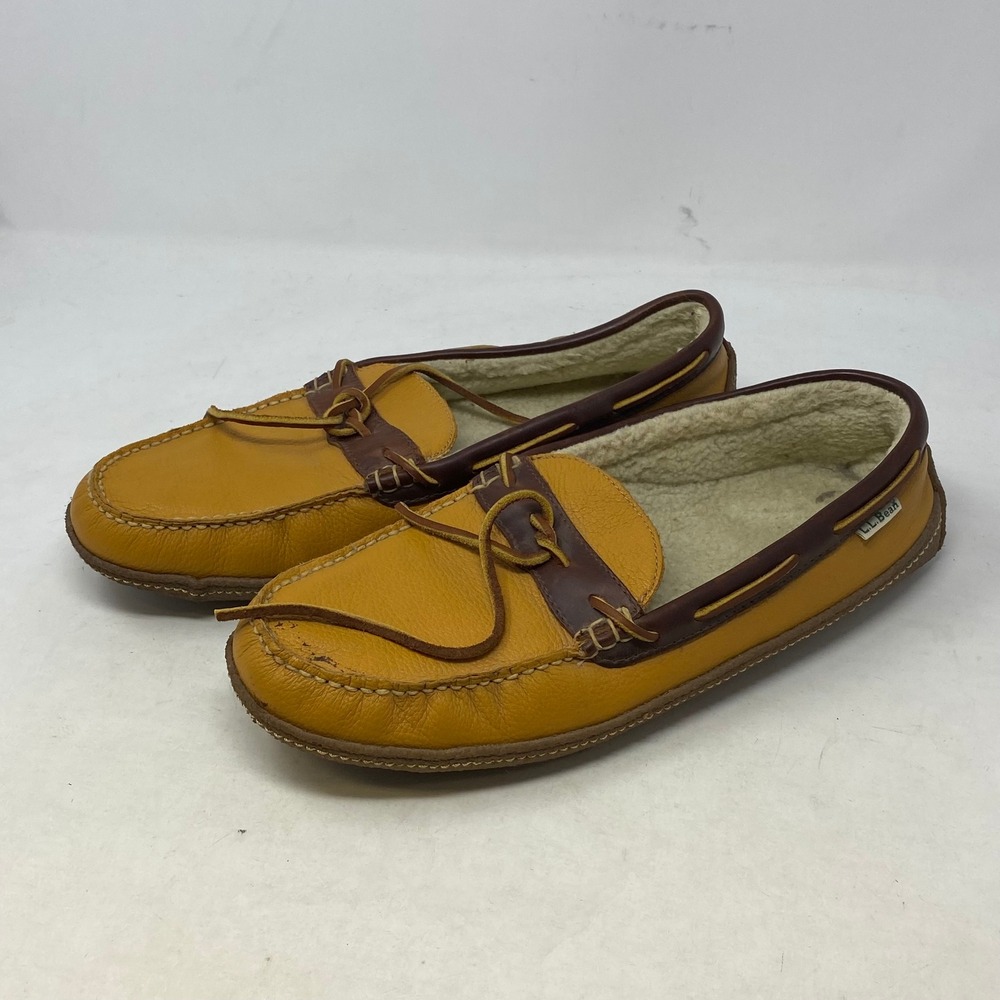LL Bean Mens Wicked Good Slippers 12 Medium Yellow Leather Shearling Moccasin
